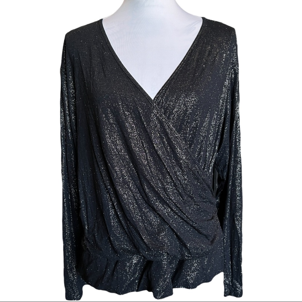 Punt Roma Black Shimmer Crossover Blouse Long Sleeve Peplum Hem Slimming Special